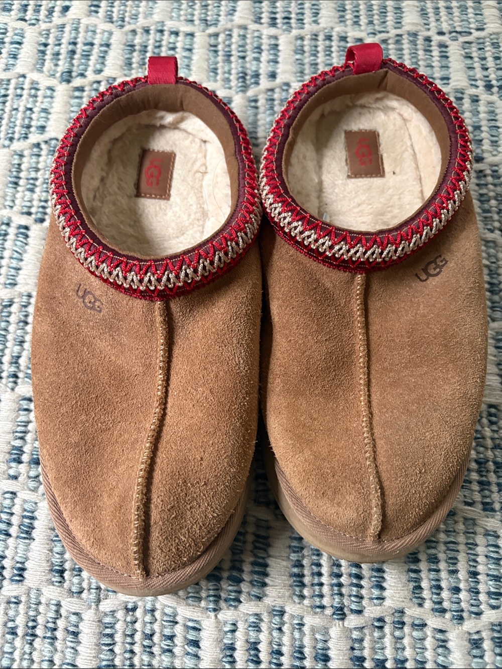 UGG women’s Chestnut Suede Slip-uOn Loafers with Red Trim